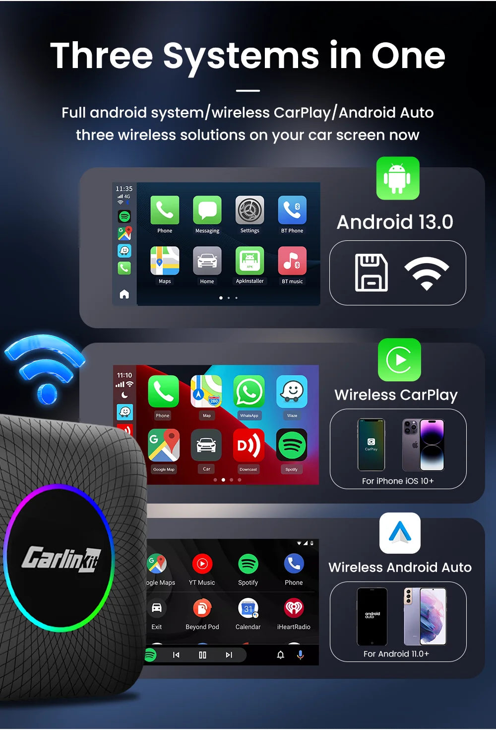 CarlinKit CarPlay Ai Box Android 13 SM6225 8 cores 8G+128G for Netflix Smart TV Box Wireless CarPlay Android Auto 512GB via TF