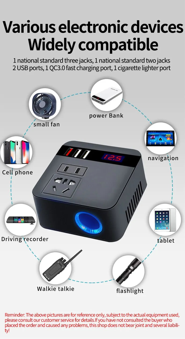 Car Inverter 150W Peak DC12V/24V to 110V/220V LED Display Sockets Power Inverter Adaptor Fast Charging