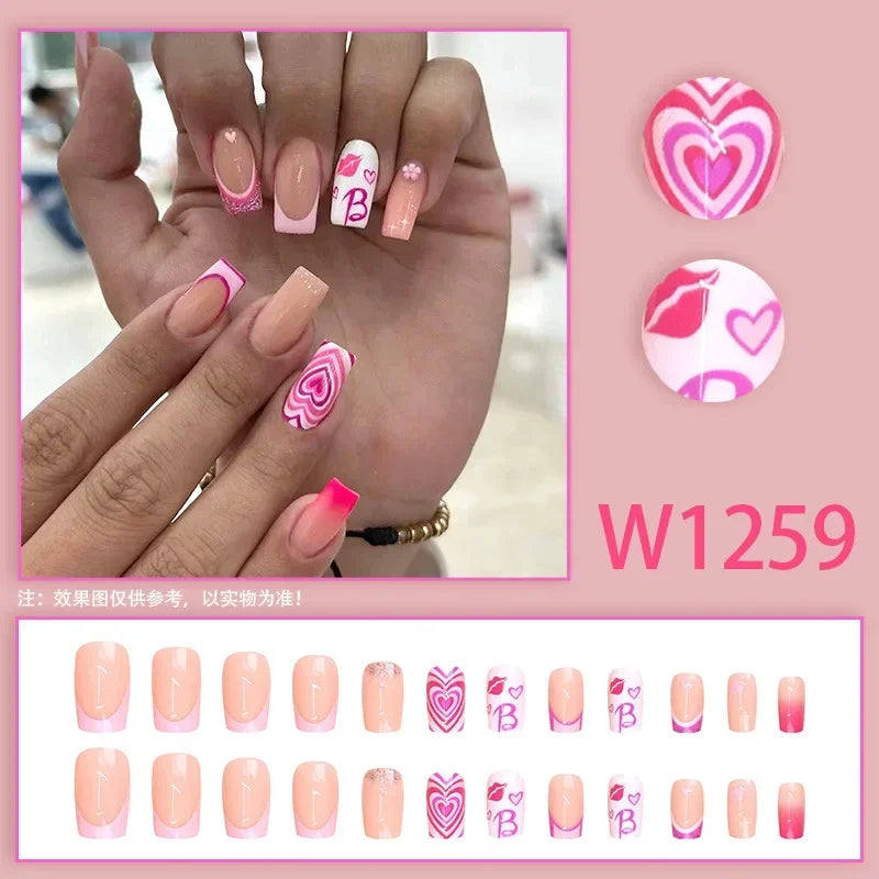 Black Ink Style Fake Nail with Jelly sticker Press on False Nails Wearable Round Head Oval Full Cover Nail Tips