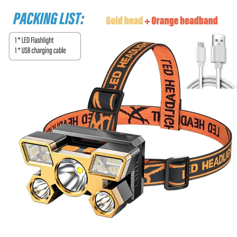 5*LED High Power Headlamp, Super Bright Rechargeable Fishing Camping Light, Long Distance Head Mounted Mining Lamp, Flashlight