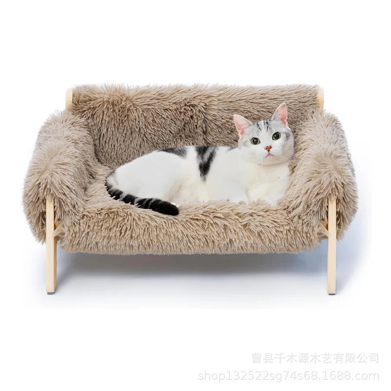 Large Cat Bed Sturdy Wooden Leg Raised Plush Cat Sofa Bed Kitten Bed for Indoor Cats - Soft Cat Couch