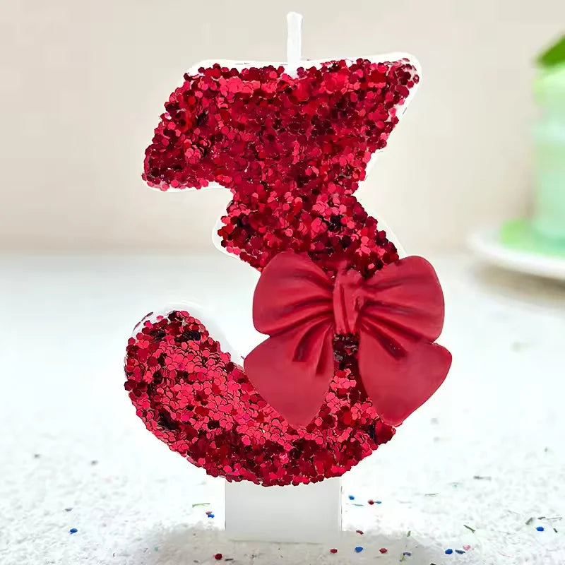 Sanrio 0-9 digit Birthday Candles,Lotus root pink bow tie with Glitter Sequins,  Suitable for Birthday Party Cake Decoration