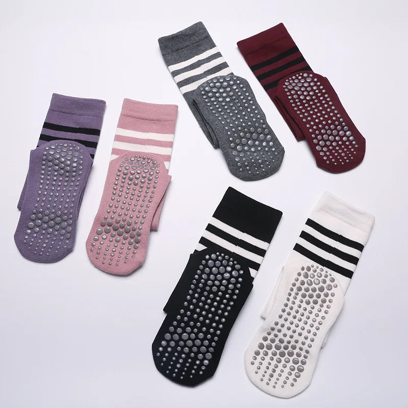 Autumn Winter Women Yoga Socks Striped Cotton Fitness Breathable Pilates Socks Middle Tube Non-Slip Gym Dance Ballet Grip Socks