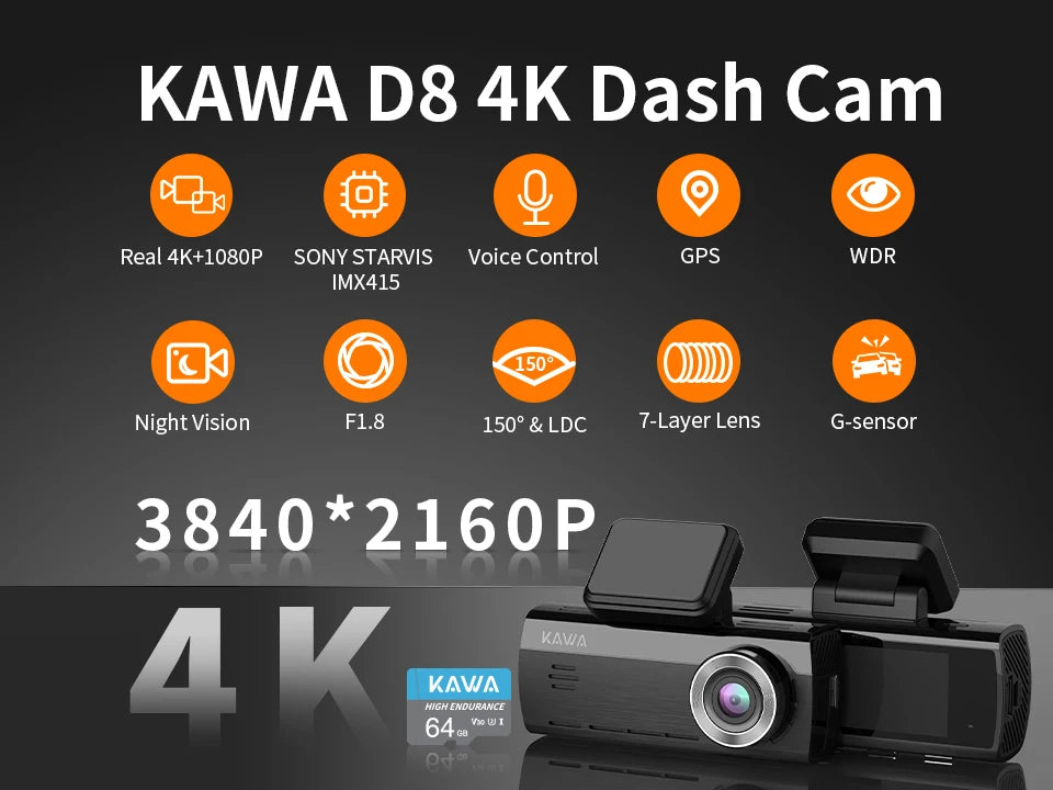 KAWA 4K Dash Camera for Car DVR Sony IMX415 Rear View Video Recorder DVR Voice Control GPS 24h Parking APP WiFi Control Dashcam
