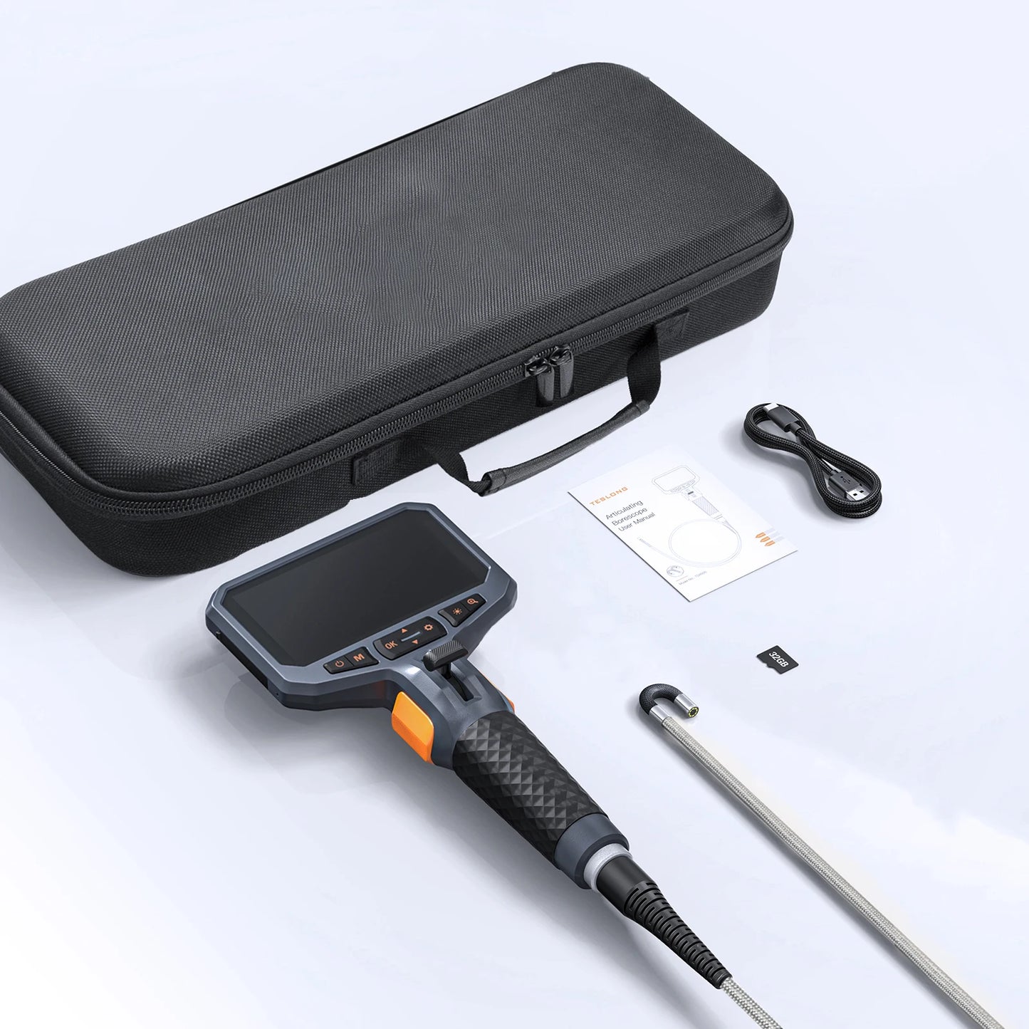 TESLONG TD450S 5.5MM Articulating Borescope 1080P 5 Inch IPS Two Way 360° Steering Endoscope Camera 1m Stainless Steel Tube