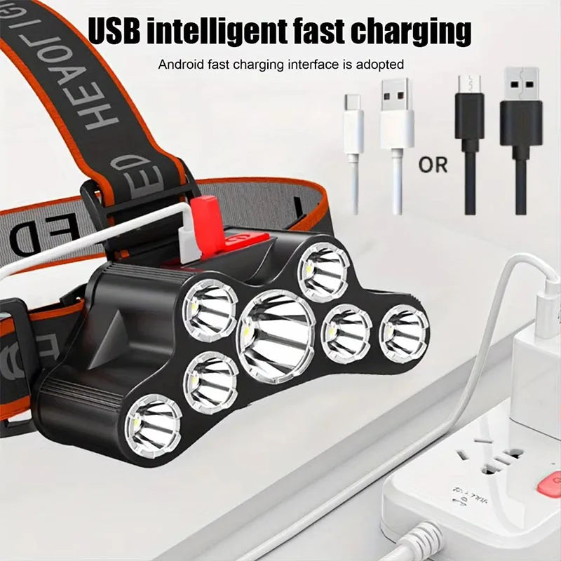 7 LED Powerful Headlamp Super Bright USB Rechargeable High Power LED Flashlights 4-Mode Torch Waterproof Outdoor Camping Fishing