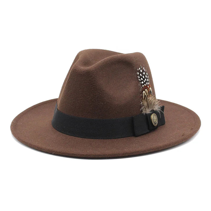 White Woolen Gentleman Classic British Jazz Feather Top Hat Wide Brim Party Church Wedding Fedora Hats Men Women Panama Felt Cap