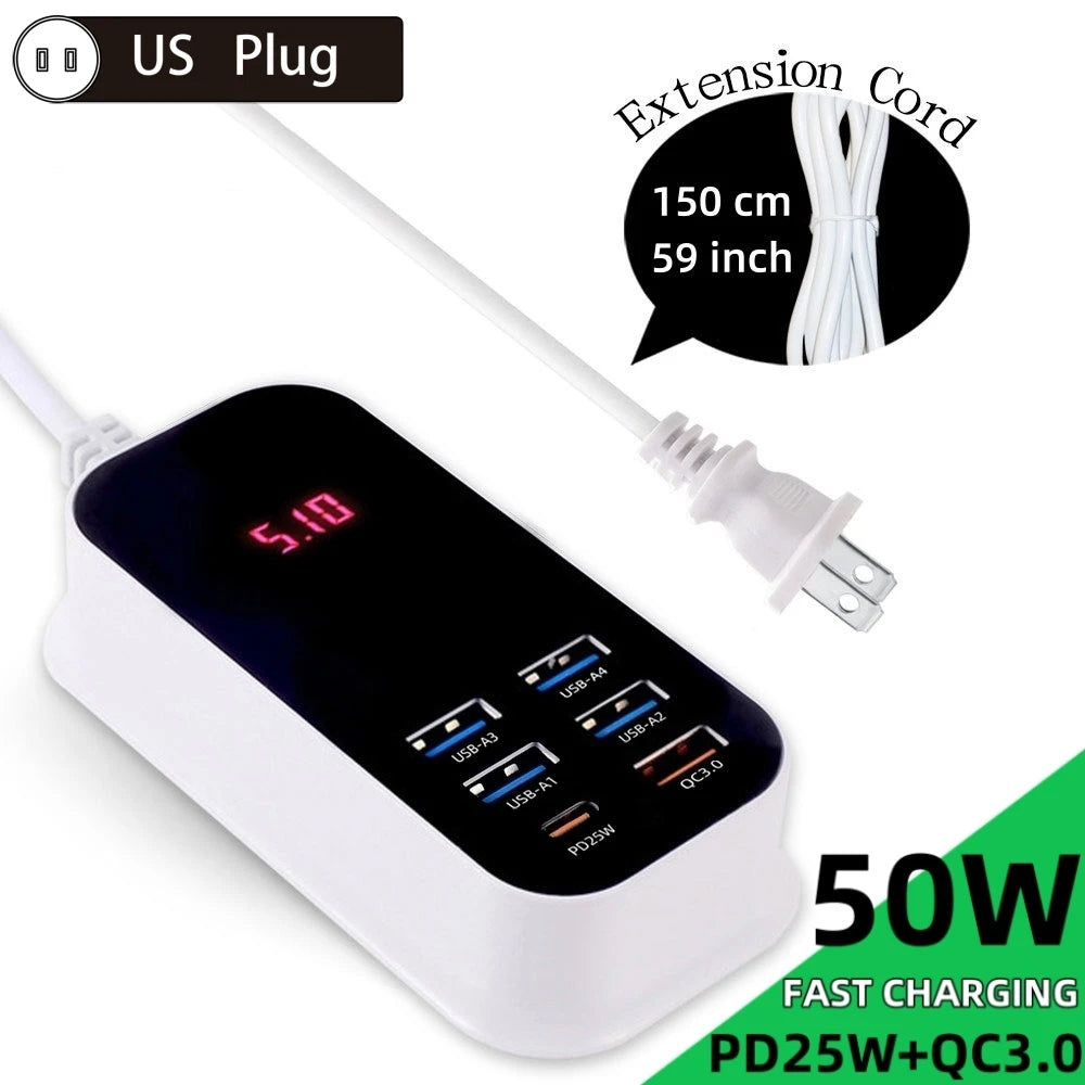 Real 50W 6-Ports USB Quick Charger PD QC 3.0 Fast Charging Display Type-C EU UK US 1.5M Desktop Power Adapter For Iphone Samsung