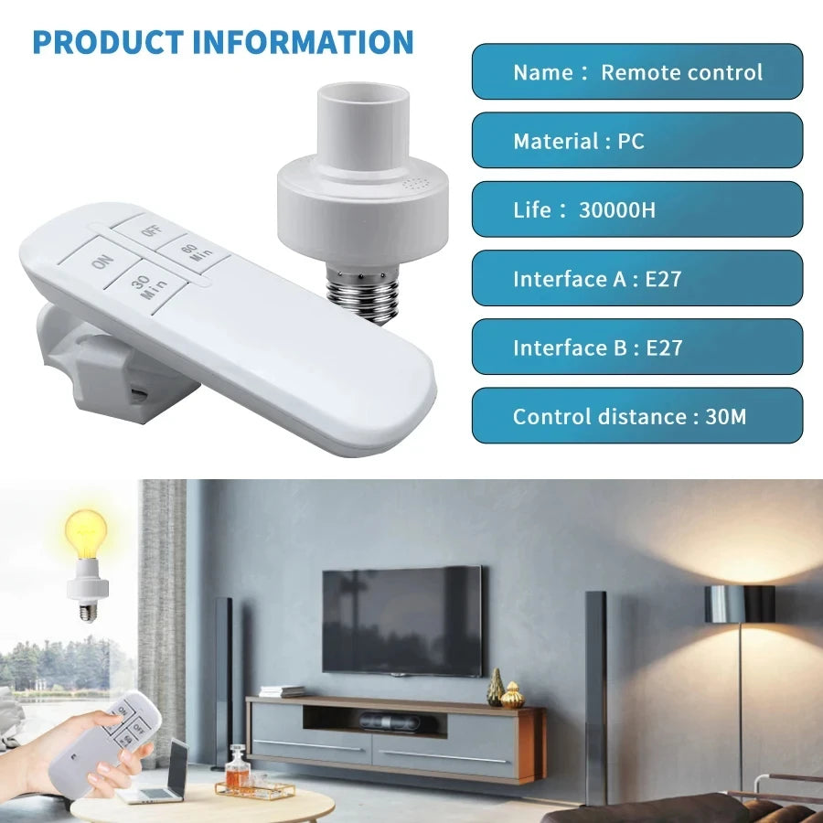 Smart Light Switch Timer Wireless Remote Control E27 LED Lamp Holder Bulb Base Socket ON/OFF 110V-240V 20M Range Battery Powered