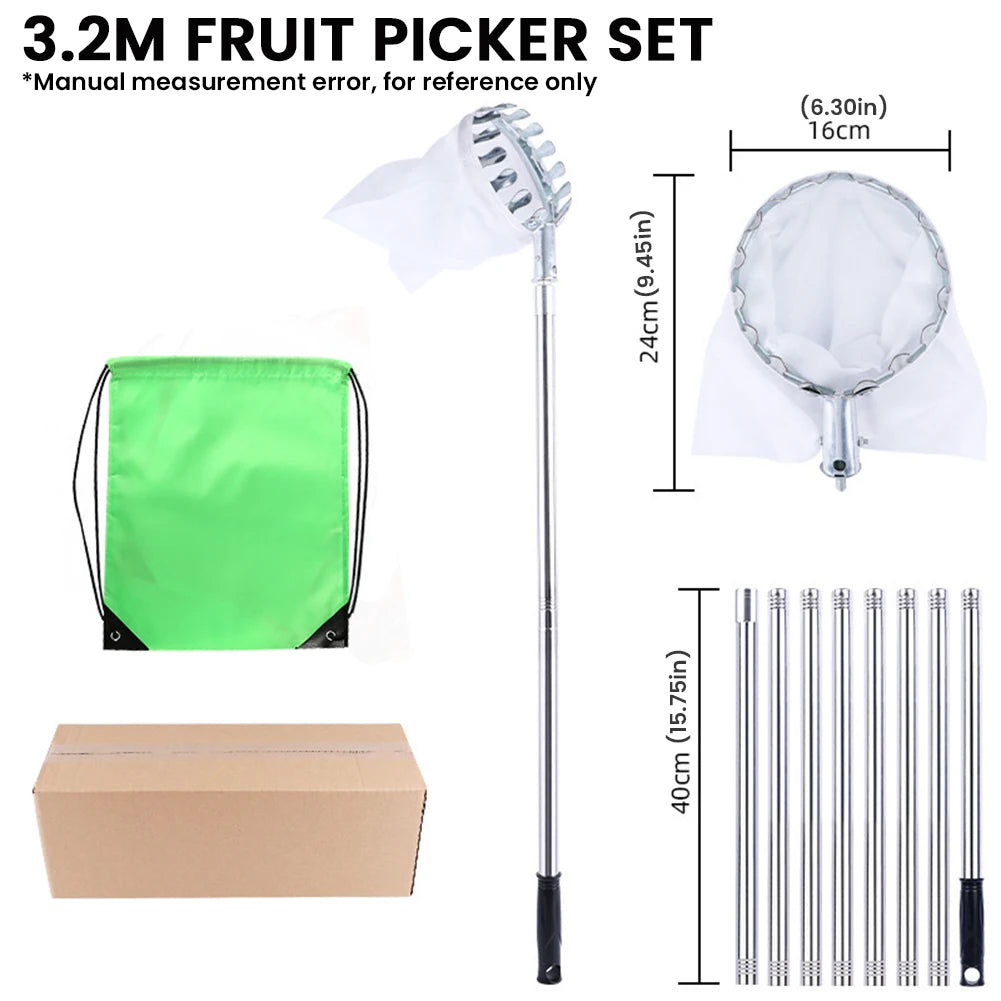 Fruit Picker Pole Tool with Basket Telescoping Long Handle 1.6 to 4M Fruit Catcher For Apple Orange Avocado Acorn Lemon Pear