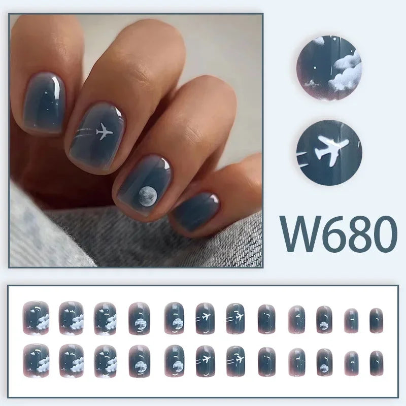 Black Ink Style Fake Nail with Jelly sticker Press on False Nails Wearable Round Head Oval Full Cover Nail Tips