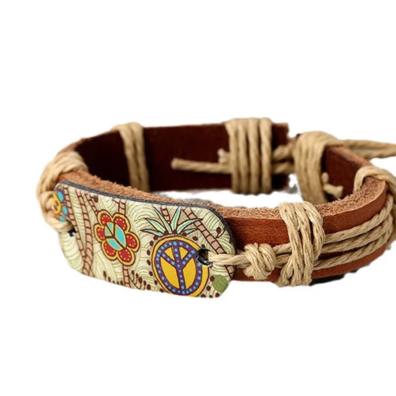 2024 Fashion Bracelets for Women Hippie Retro Leather Adjustable Bracelet HandMade Jewelry for Women Flower Print Rope Gifts