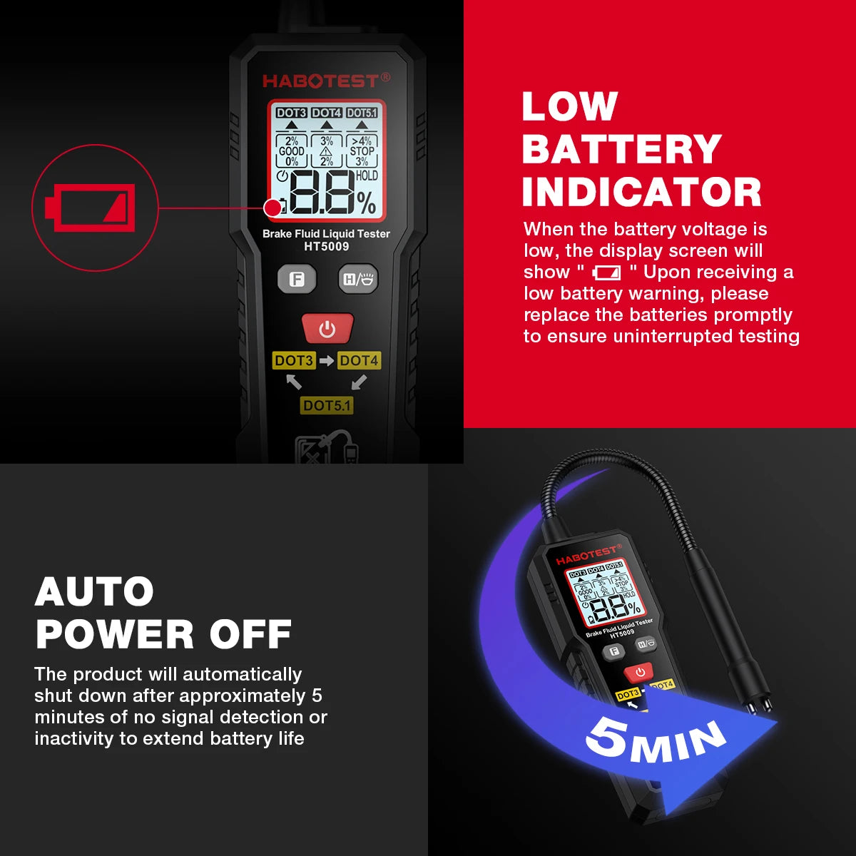 Digital Brake Fluid Tester Auto Car Brake Oil Moisture Detector DOT3/DOT4/DOT5.1 with Backlight Flexible Probe Brake Oil Tester