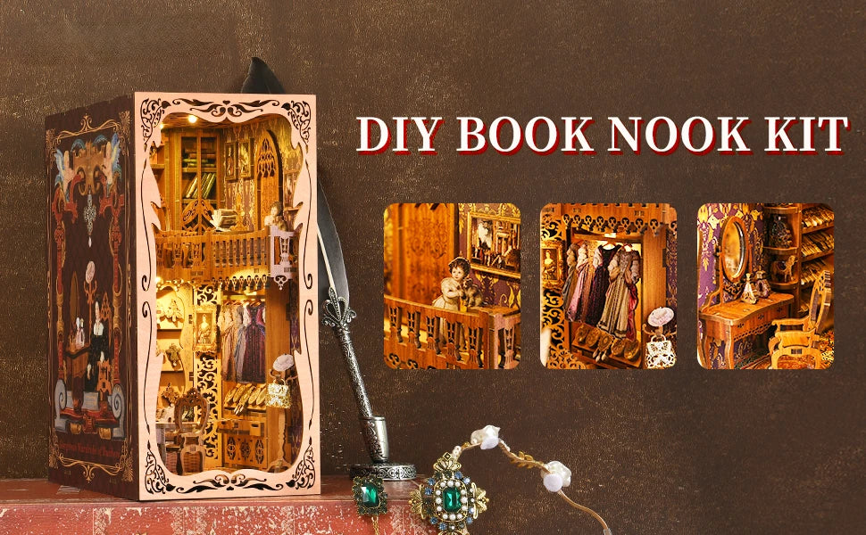 ATUBAN DIY Book Nook Kit 3D Wooden Puzzle,Bookshelf Insert Decor,DIY Bookend Diorama Miniature Kits Build-(Wardrobe of Duchess)