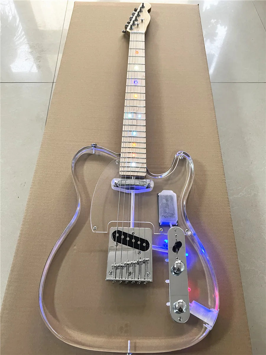 High quality classic acrylic transparent Plexiglass crystal 6-string electric guitar LED lights Maple guitar neck Free shipping