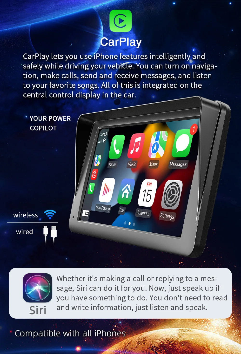 BQCC 7inch Car Radio Multimedia Video Player Wireless Carplay And Wireless Android Auto Touch Screen Sun Visor 5300