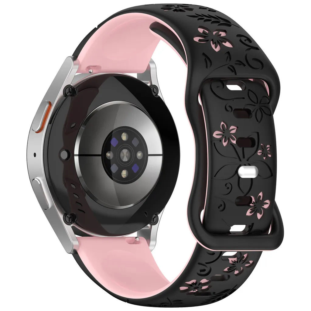 Two-color Flower Design Floral Engraved Silicone Strap 18/20/22mm, For Amazfit GTR, Huawei,Garmin Samsung Galaxy Watch 7 6 5 4