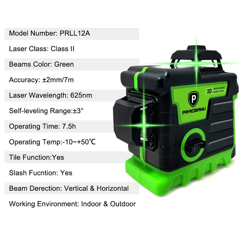 Pracmanu Laser Level 12 Lines 3D Level Self-Leveling Horizontal and Vertical Cross Super Powerful Green Laser Beam