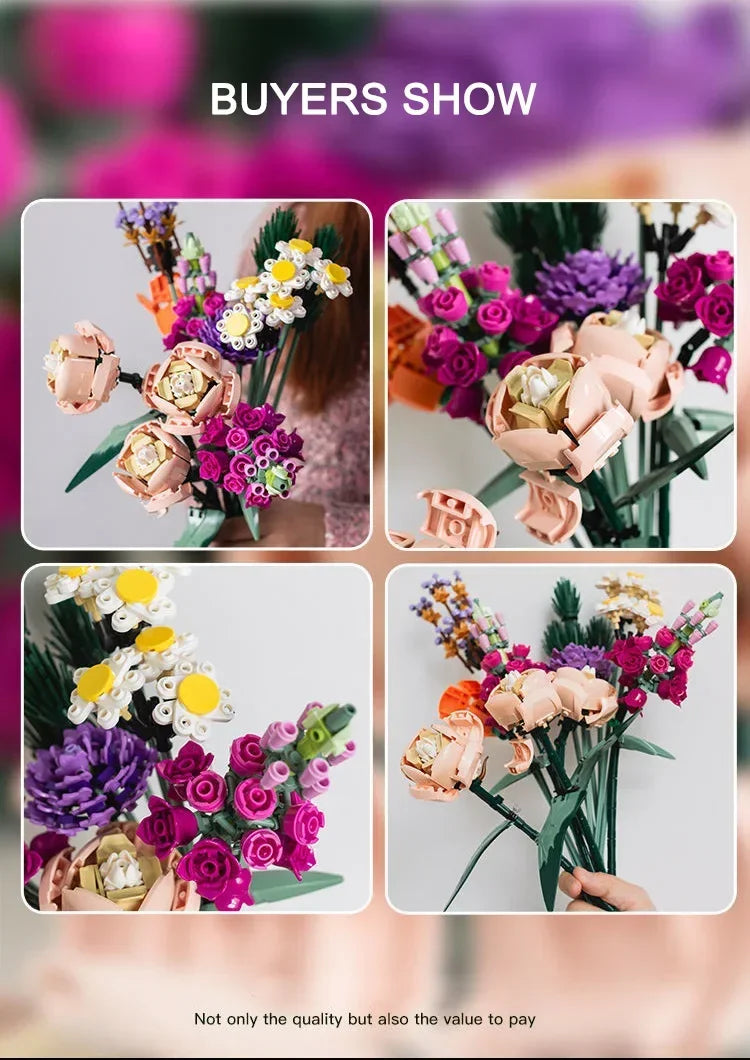 New 700+PCS Rose Blocks City Creative DIY Plant Desktop Decoration Building Blocks Girls Toys Model Classic Bricks Birthday Gift