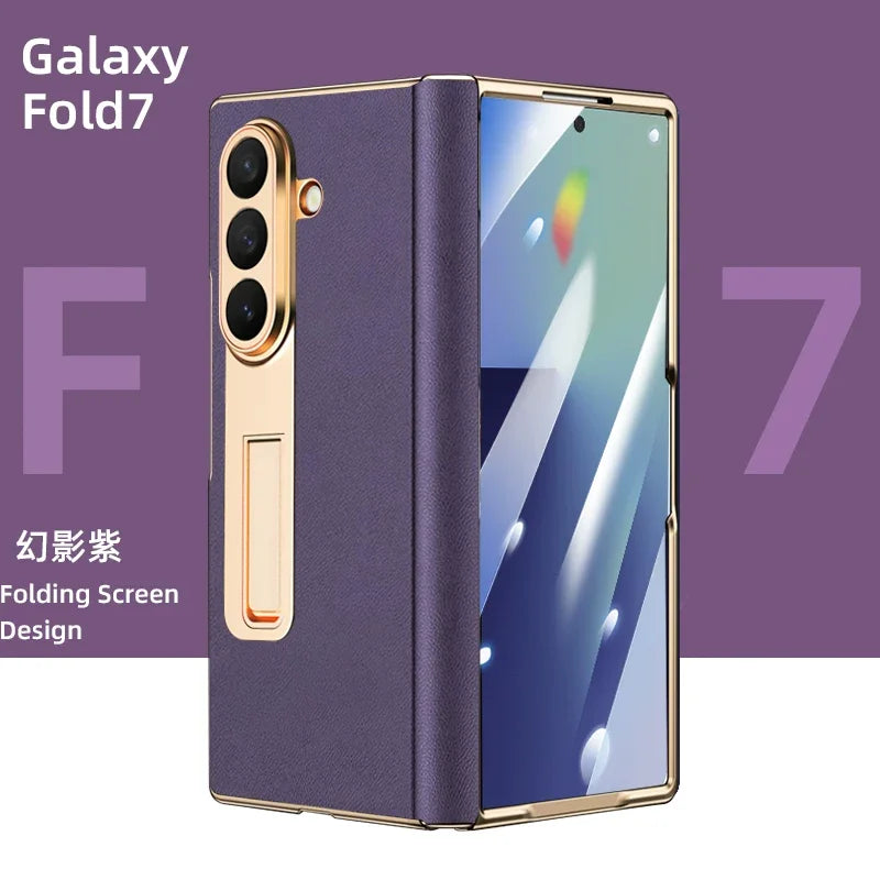Luxury Leather Cover For Samsung Z Fold 7 6 5 Case Plating Stand Hinge Front Glass Screen