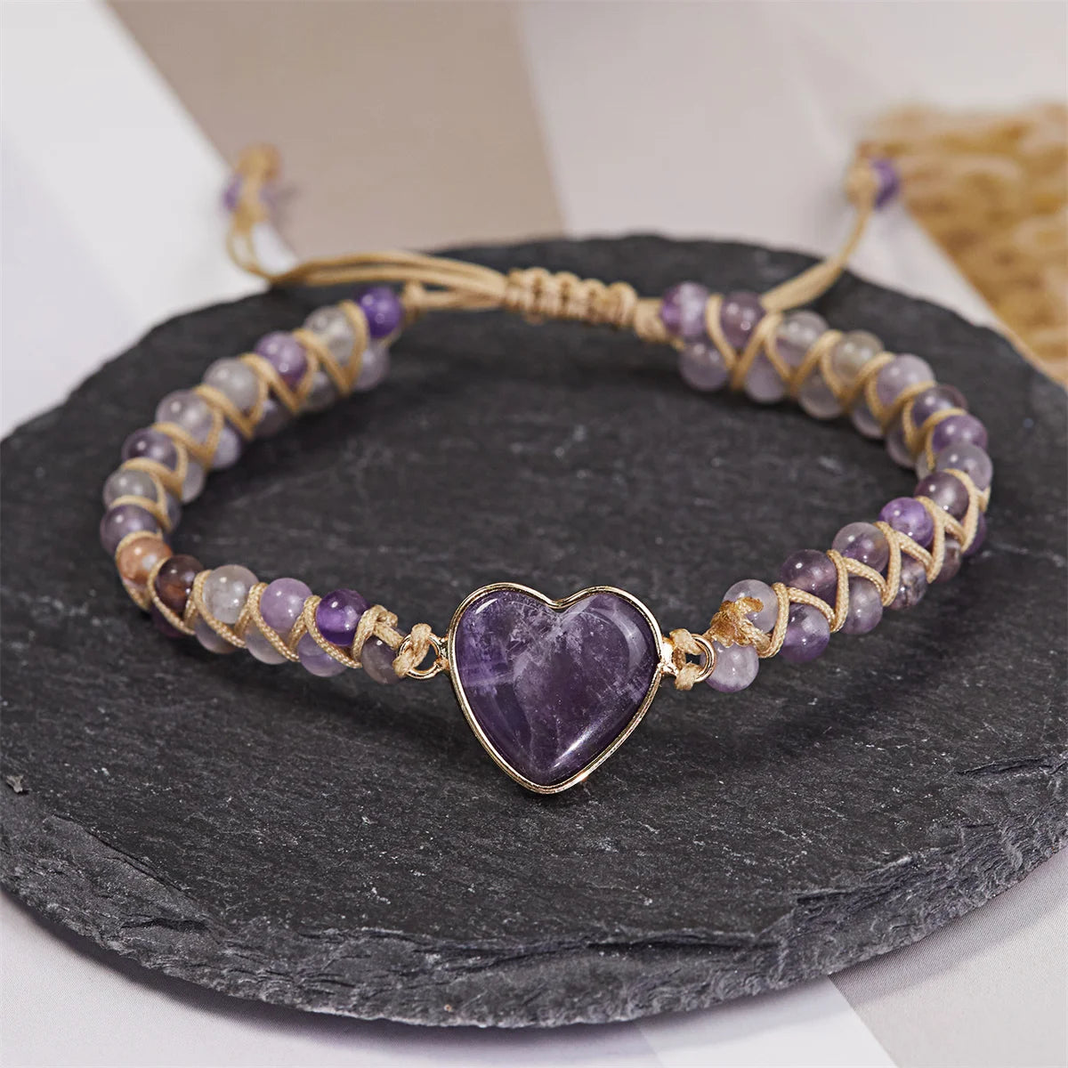 Handmade Natural Stone Bracelet Women Fashion Heart Purple Agates Beads Charm Braided Bracelets Boho Yoga Wrap Bangles Jewelry