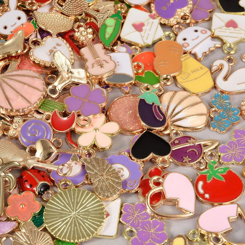 30/60/100pcs Random Mix Different Animal Moon Fruits Heart Drip Oil Pendant Jewelry Making Supplies Metal Alloy Handmade Earring