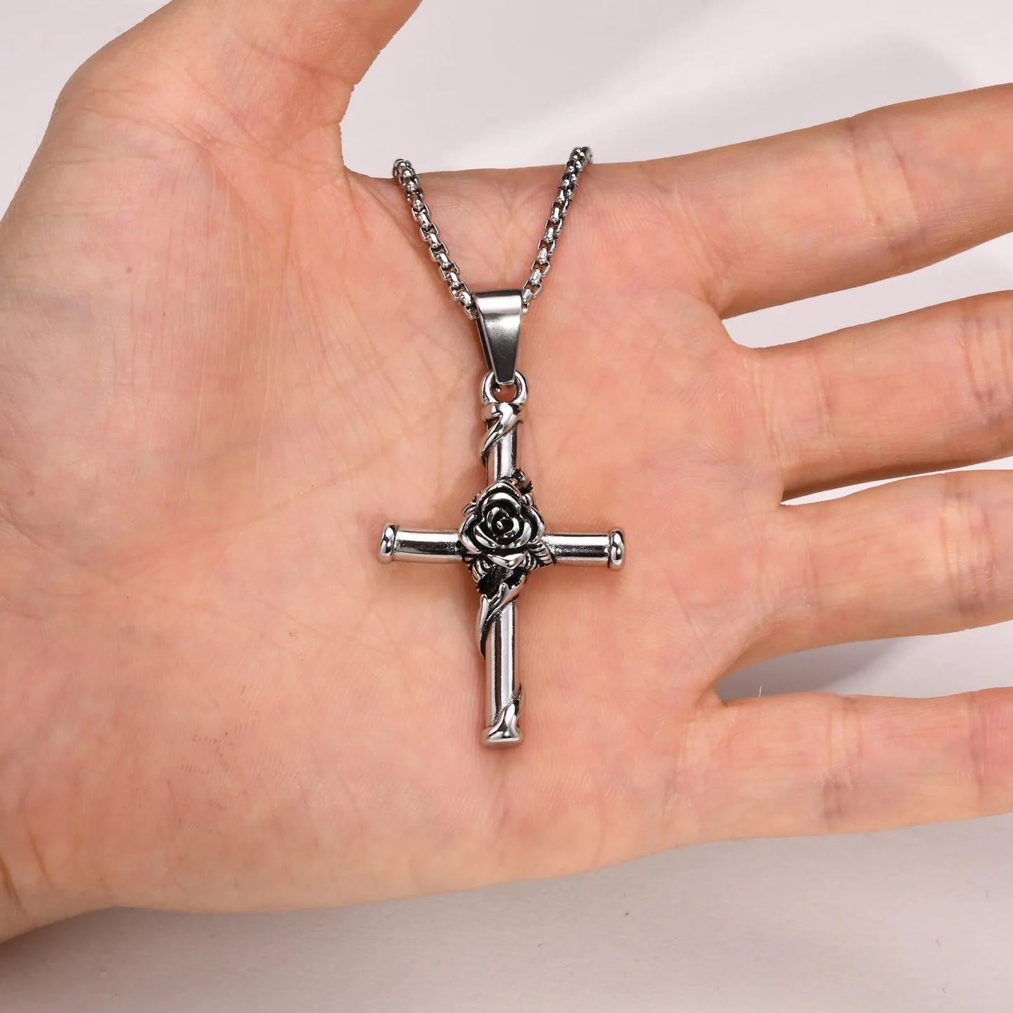 Vnox Men Cross Necklace, Stainless Steel Rose Cross Pendant with Box Chain, Unisex Cool Crucifix Jesus Faith Aesthetic Collar