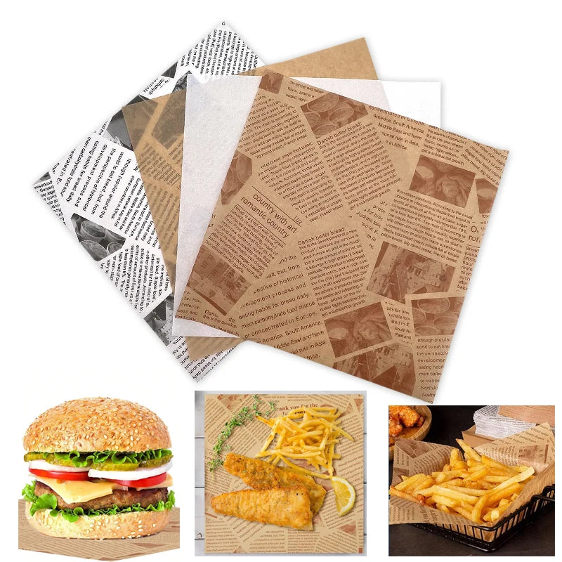 50pcs Oil-Proof Paper Food Wrapping Paper Baking Sandwich Burger Fries Fried Food Wrapping Paper Plate Mat Accessories