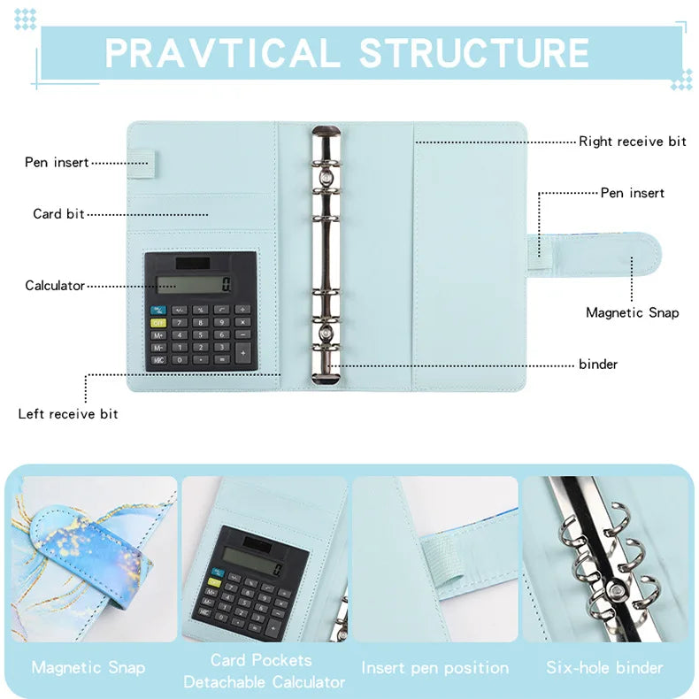 A6 Marble with Calculator Money Budget Planner Binder Zipper EnvelopesCash Envelopes For Budgeting Money Organizer Binde
