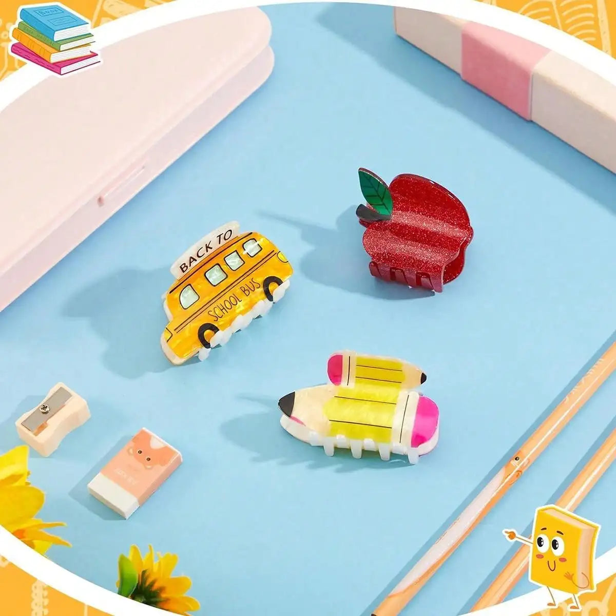 1pc Cartoon Cute Acrylic Cartoon Back to School School Bus, Pencil, Apple, and Calculator Style Hair Clip, Acrylic Hair Claw
