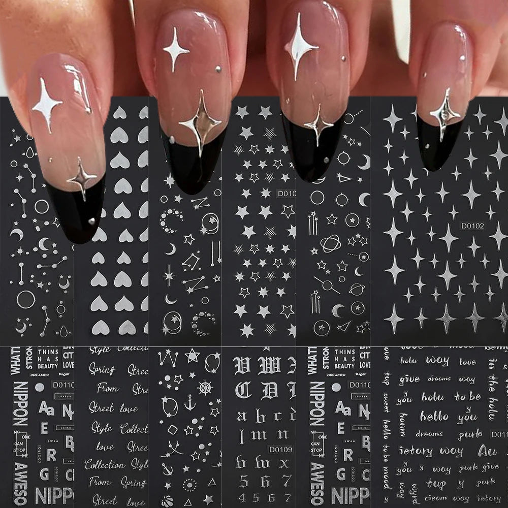 12Pcs Gold/Silver Tasse/Line/Star/Moon 3D Nail Art Stickers Leaf/Geometric Design Self-adhesive Sliders Luxury Manicure Decals