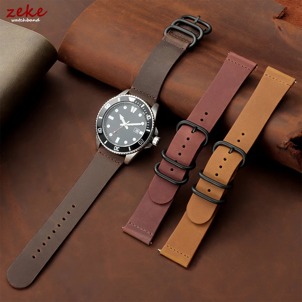 20mm 22mm Crazy Horse Leather Watch Band Black Ring Buckle Strap for Samsung Galaxy Watch 7/6/5/4 for Huawei Watch GT 5-4-3-pro