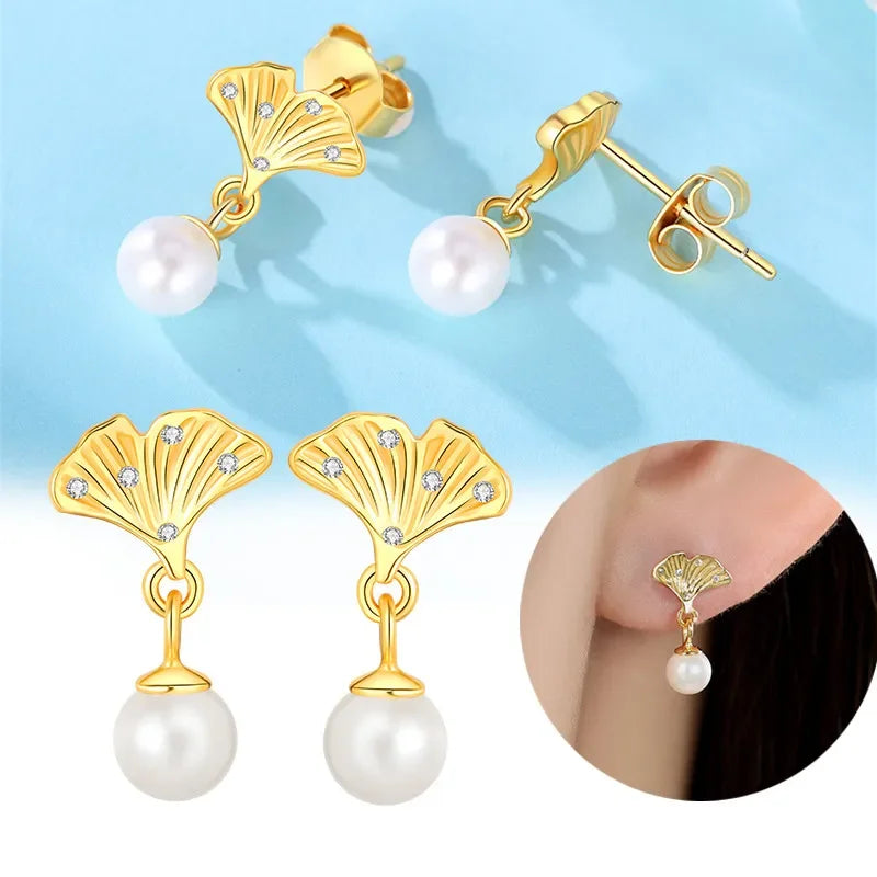 Sterling Silver S925 Pearl Gold Yellow Circular Hoop Earrings Drop Earring Original Charms Fine Jewelry for Women Elegant