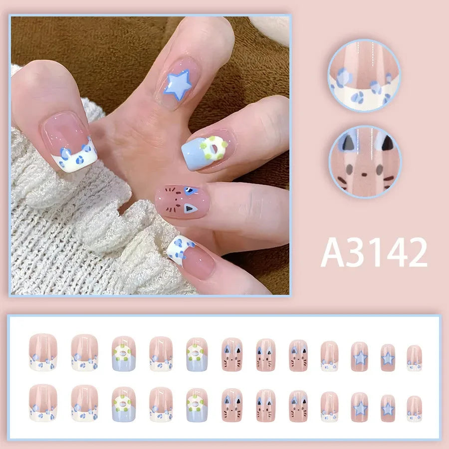 Watercolor Rose Fake Nail with Jelly sticker Press on False Nails Wearable Round Head Oval Full Cover Nail Tips