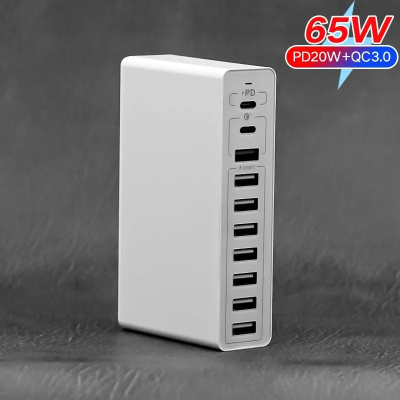 60/65W USB Charger Station 10 Port Desktop USB Fast Charger for Smart USB Charger for Multiple Devices Smart Phone Tablet Laptop
