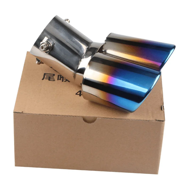 Car Universal One To Two Grilled Blue Tail Throat Double Pipe Tail Pipe Stainless Steel Exhaust Pipe Modification Supplies