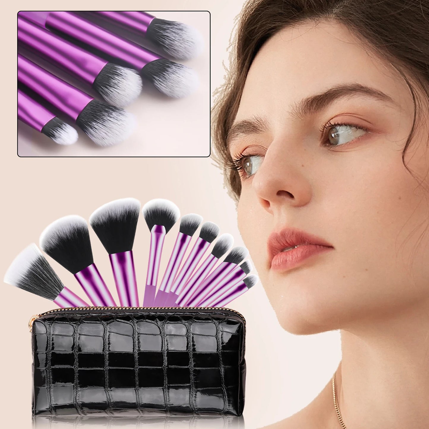 10 mini transparent handle brushes+crocodile patterned bag makeup brush Travel portable Makeup Tool Professional with bag