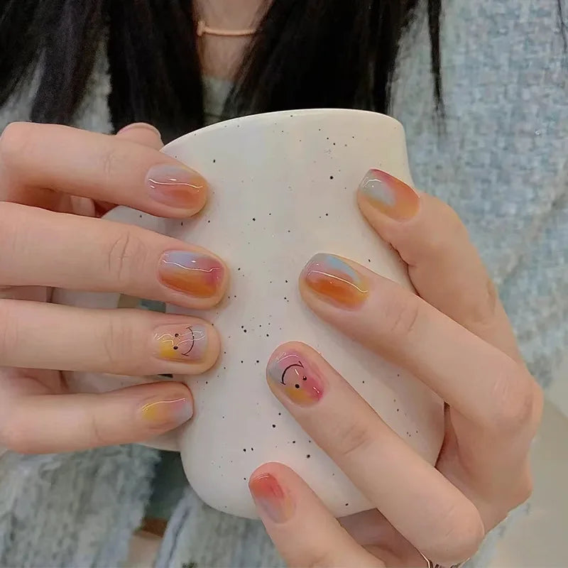 24Pcs/Box Short Square Head Wearing False Nails Art Clouds Stars Pattern Fake Nails Full Cover Press on Nail Tips Manicure Tools