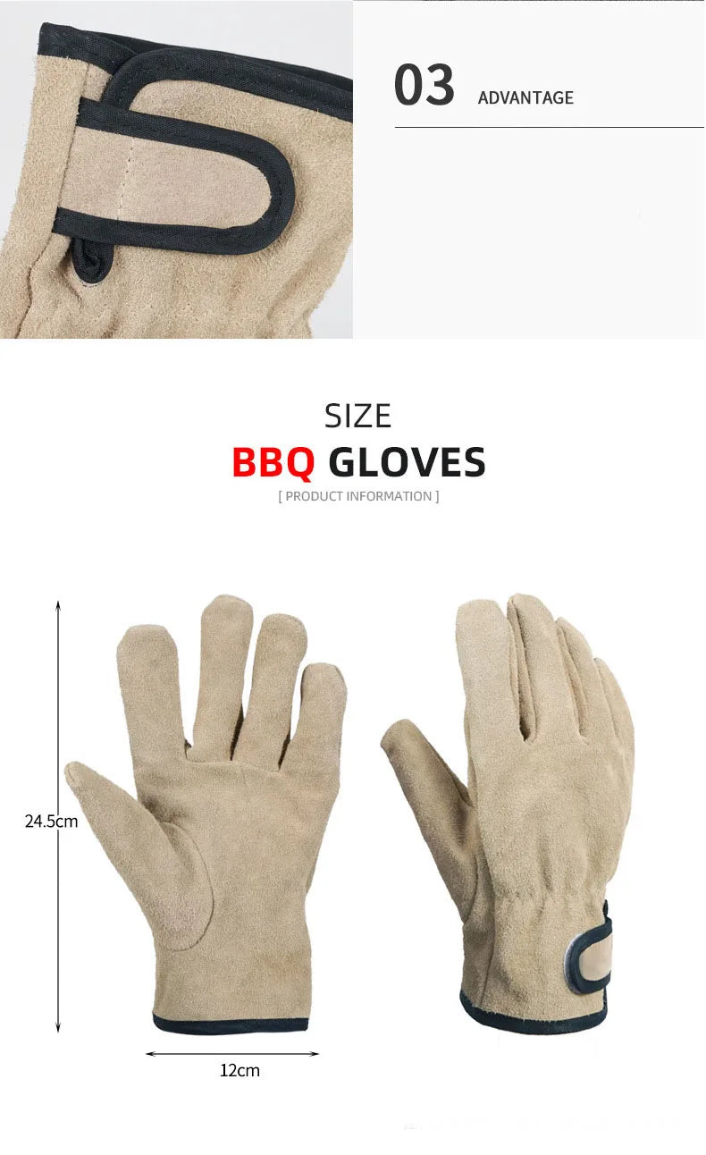 Leather Fire Resistant Heat Resistant Gloves Outdoor Barbecue Heat Resistant Wear Resistant Cooking Oven Gloves Two Layer