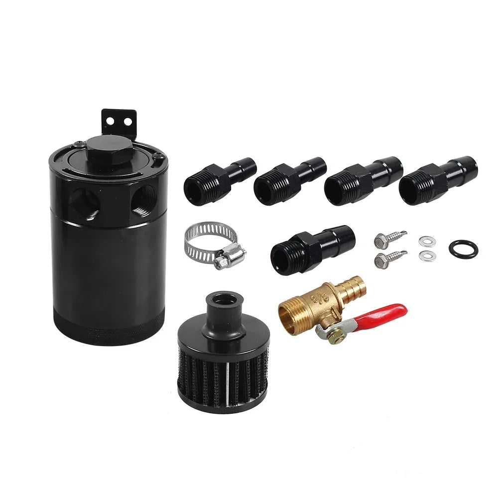 Universal Racing Baffled Aluminum Oil Catch Can Tank 2-Port  Reservoir with Drain Valve Breather Cylinder Filter Kit Black