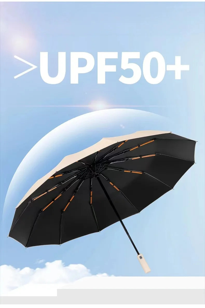 12 Bone Black Glue Fully Automatic Umbrella With Thick And Durable Keel Three Fold Umbrella UV Resistant Folding Umbrella 12 Bon