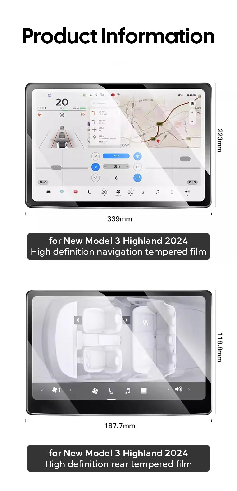 Tempered Glass Film Protector for New Tesla Model Y Launch 2025 Model 3 Highland 2024 Rear Row Center Control Screen Protective