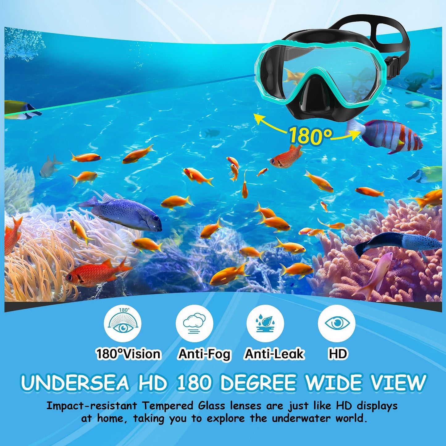 Anti-Fog Swimming Diving Goggles Underwater Snorkeling Snorkel Mask Water Sports Set HD Glass 180° View M2