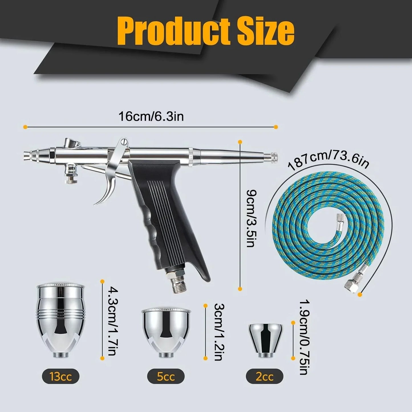 Airbrush Kit with Double Action Trigger, 0.3/0.5/0.8mm Needles, 2/5/13cc Paint Cups Airbrush Gun Ideal for Nails Cake Tattoo Art