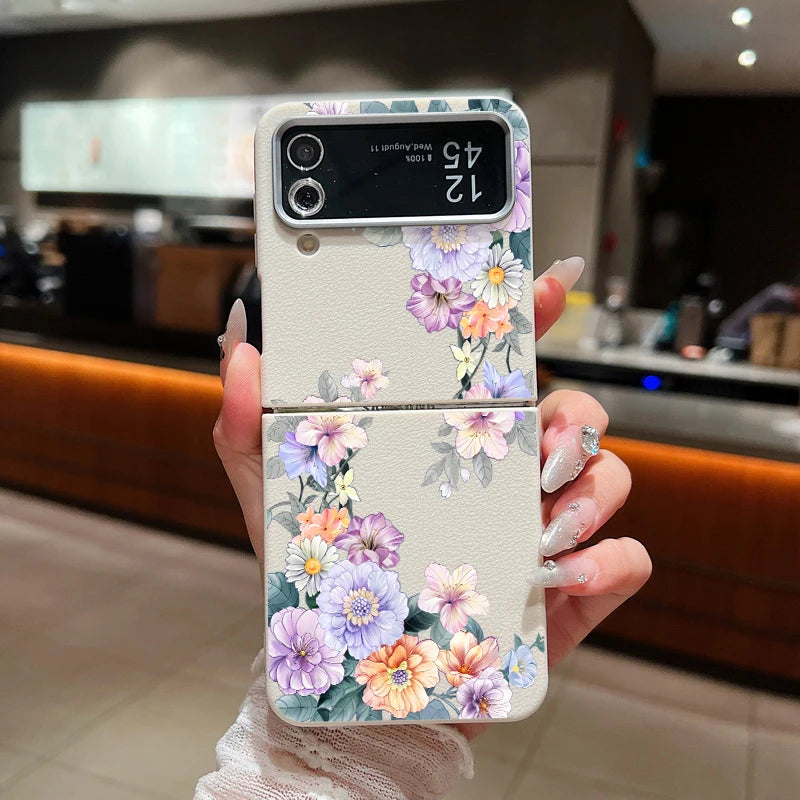For Samsung Galaxy Z Flip 7 FE 6 5 3 4 Leather Texture Phone Case Floral Flower Soft TPU Folding Cover For Samsung Z Flip5 Flip6
