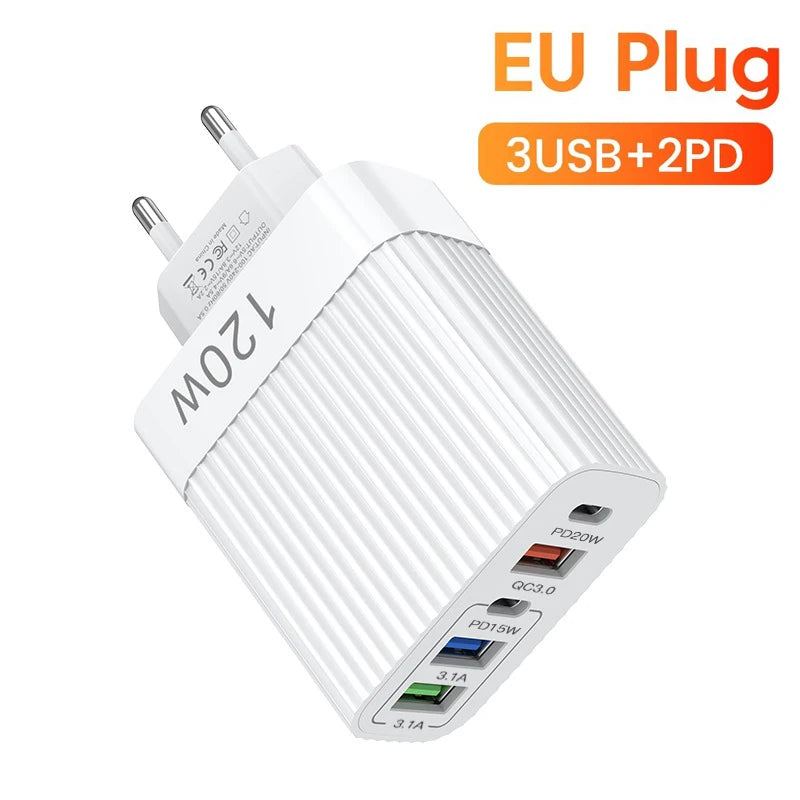 Total 120W USB Charger Quick Charge Multi Ports Fast Charging Phone Charger For iPhone Samsung Xiaomi Huawei Type C Wall Charger