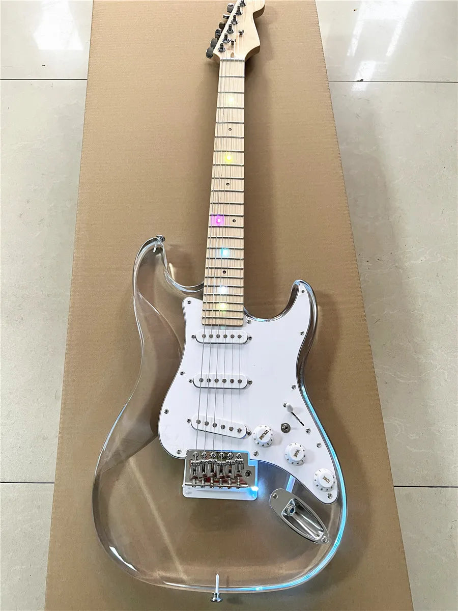 High quality classic acrylic clear Plexiglas crystal 6-string electric guitar with colored lights maple neck Free shipping