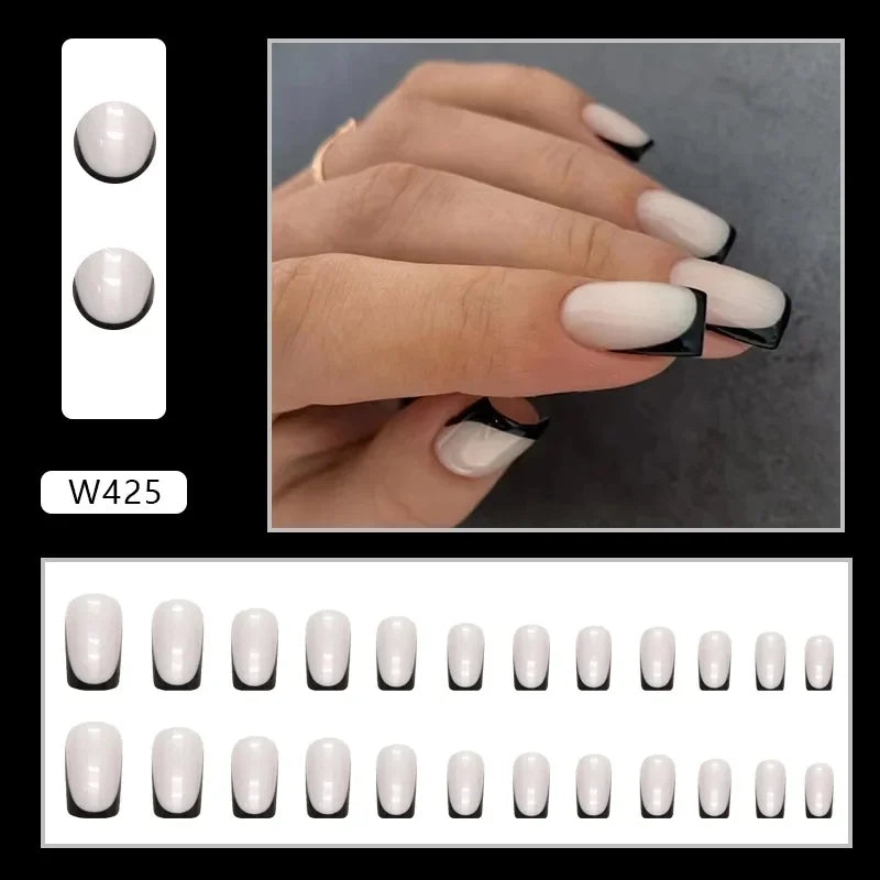 Dark Blue Cat Eyes 24 Pcs Press on Nails Pink Gradient Fake Nails Glossy Artificial Finger Manicure Reusable False Nails