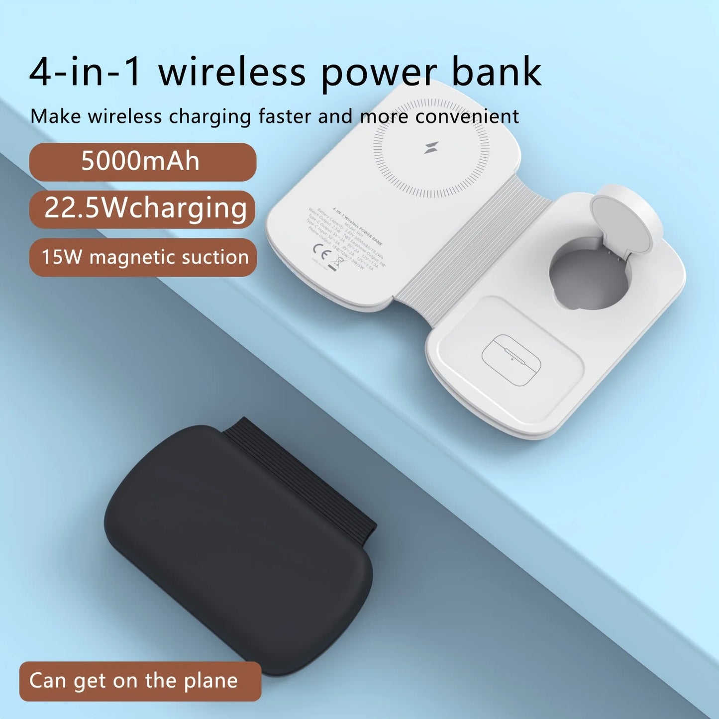Foldable 5000mAh Magnetic Wireless Power Bank Portable Charger with Stand for iPhone Watch AirPods Fast Charging