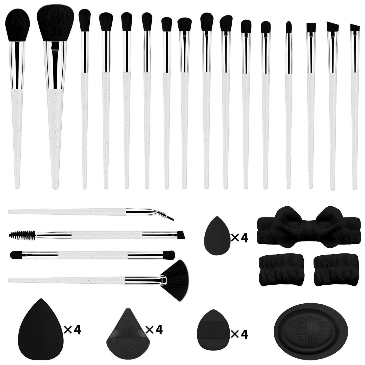 40-piece makeup tool set - 20-piece makeup tools + 16-piece powder puff set + dishwashing, hairband and wristband